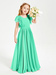 Chiffon Junior Bridesmaid Dresses with Lace Flutter Sleeves Turquoise