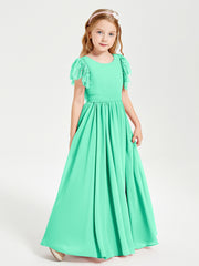 Chiffon Junior Bridesmaid Dresses with Lace Flutter Sleeves Turquoise