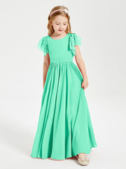 Chiffon Junior Bridesmaid Dresses with Lace Flutter Sleeves Turquoise
