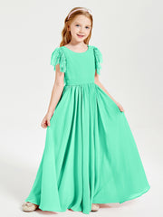 Chiffon Junior Bridesmaid Dresses with Lace Flutter Sleeves Turquoise