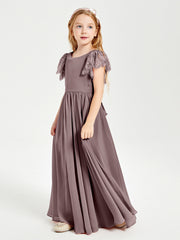 Chiffon Junior Bridesmaid Dresses with Lace Flutter Sleeves Vintage Mauve