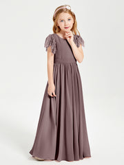 Chiffon Junior Bridesmaid Dresses with Lace Flutter Sleeves Vintage Mauve