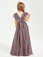 Chiffon Junior Bridesmaid Dresses with Lace Flutter Sleeves Vintage Mauve