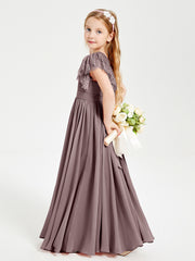 Chiffon Junior Bridesmaid Dresses with Lace Flutter Sleeves Vintage Mauve