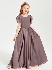 Chiffon Junior Bridesmaid Dresses with Lace Flutter Sleeves Vintage Mauve