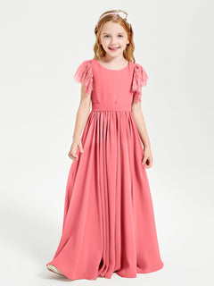 Chiffon Junior Bridesmaid Dresses with Lace Flutter Sleeves Watermelon