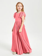 Chiffon Junior Bridesmaid Dresses with Lace Flutter Sleeves Watermelon