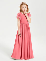 Chiffon Junior Bridesmaid Dresses with Lace Flutter Sleeves Watermelon