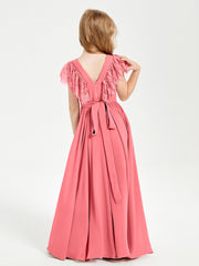Chiffon Junior Bridesmaid Dresses with Lace Flutter Sleeves Watermelon
