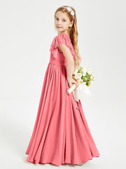 Chiffon Junior Bridesmaid Dresses with Lace Flutter Sleeves Watermelon