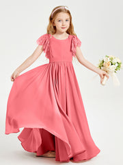 Chiffon Junior Bridesmaid Dresses with Lace Flutter Sleeves Watermelon