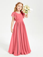 Chiffon Junior Bridesmaid Dresses with Lace Flutter Sleeves Watermelon