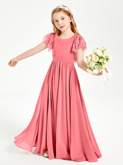 Chiffon Junior Bridesmaid Dresses with Lace Flutter Sleeves Watermelon
