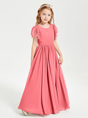 Chiffon Junior Bridesmaid Dresses with Lace Flutter Sleeves Watermelon