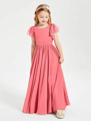 Chiffon Junior Bridesmaid Dresses with Lace Flutter Sleeves Watermelon