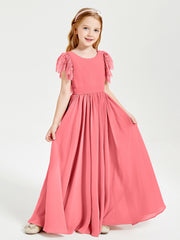 Chiffon Junior Bridesmaid Dresses with Lace Flutter Sleeves Watermelon
