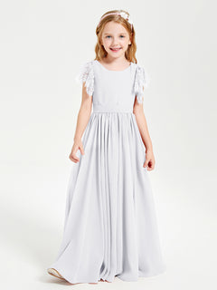 Chiffon Junior Bridesmaid Dresses with Lace Flutter Sleeves White