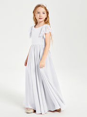Chiffon Junior Bridesmaid Dresses with Lace Flutter Sleeves White