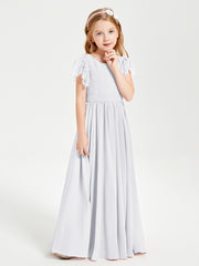 Chiffon Junior Bridesmaid Dresses with Lace Flutter Sleeves White