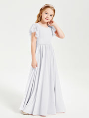 Chiffon Junior Bridesmaid Dresses with Lace Flutter Sleeves White
