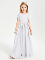 Chiffon Junior Bridesmaid Dresses with Lace Flutter Sleeves White
