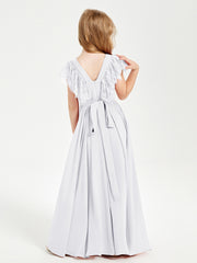 Chiffon Junior Bridesmaid Dresses with Lace Flutter Sleeves White