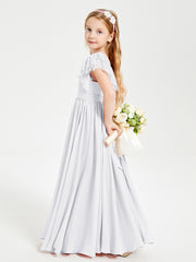 Chiffon Junior Bridesmaid Dresses with Lace Flutter Sleeves White
