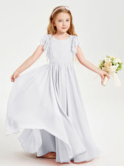 Chiffon Junior Bridesmaid Dresses with Lace Flutter Sleeves White