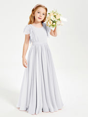 Chiffon Junior Bridesmaid Dresses with Lace Flutter Sleeves White