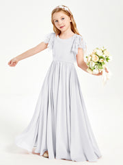 Chiffon Junior Bridesmaid Dresses with Lace Flutter Sleeves White