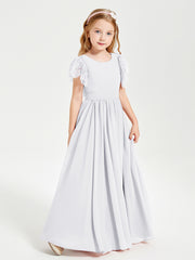 Chiffon Junior Bridesmaid Dresses with Lace Flutter Sleeves White