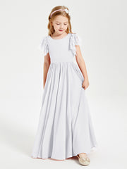 Chiffon Junior Bridesmaid Dresses with Lace Flutter Sleeves White