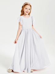 Chiffon Junior Bridesmaid Dresses with Lace Flutter Sleeves White