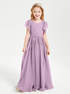 Chiffon Junior Bridesmaid Dresses with Lace Flutter Sleeves Wisteria