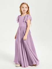 Chiffon Junior Bridesmaid Dresses with Lace Flutter Sleeves Wisteria