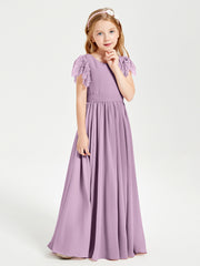Chiffon Junior Bridesmaid Dresses with Lace Flutter Sleeves Wisteria