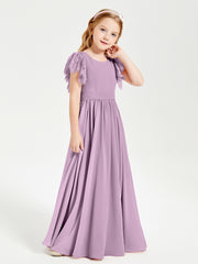 Chiffon Junior Bridesmaid Dresses with Lace Flutter Sleeves Wisteria
