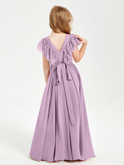Chiffon Junior Bridesmaid Dresses with Lace Flutter Sleeves Wisteria