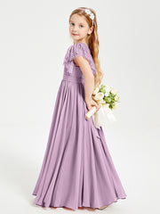 Chiffon Junior Bridesmaid Dresses with Lace Flutter Sleeves Wisteria