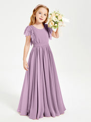 Chiffon Junior Bridesmaid Dresses with Lace Flutter Sleeves Wisteria