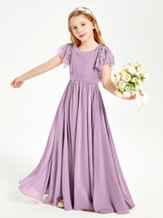 Chiffon Junior Bridesmaid Dresses with Lace Flutter Sleeves Wisteria