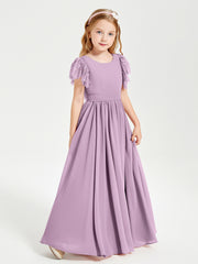 Chiffon Junior Bridesmaid Dresses with Lace Flutter Sleeves Wisteria