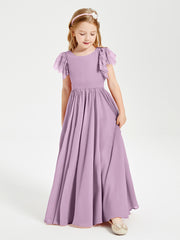Chiffon Junior Bridesmaid Dresses with Lace Flutter Sleeves Wisteria