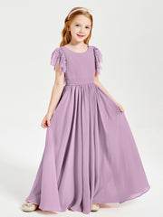 Chiffon Junior Bridesmaid Dresses with Lace Flutter Sleeves Wisteria