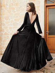 Plunging V-Neck Long Sleeve Velvet Dress Black