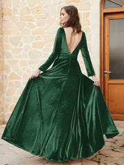 Plunging V-Neck Long Sleeve Velvet Dress Dark Green