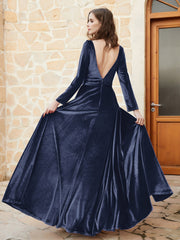 Plunging V-Neck Long Sleeve Velvet Dress Dark Navy