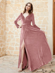 Plunging V-Neck Long Sleeve Velvet Dress Dusty Rose