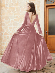 Plunging V-Neck Long Sleeve Velvet Dress Dusty Rose