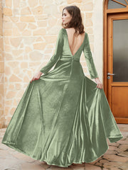 Plunging V-Neck Long Sleeve Velvet Dress Dusty Sage